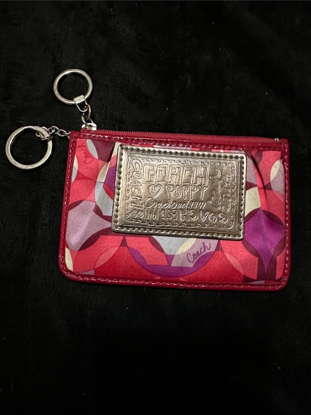 Coach Poppy Red Multicolor Signature Zip Card Case with Key Ring